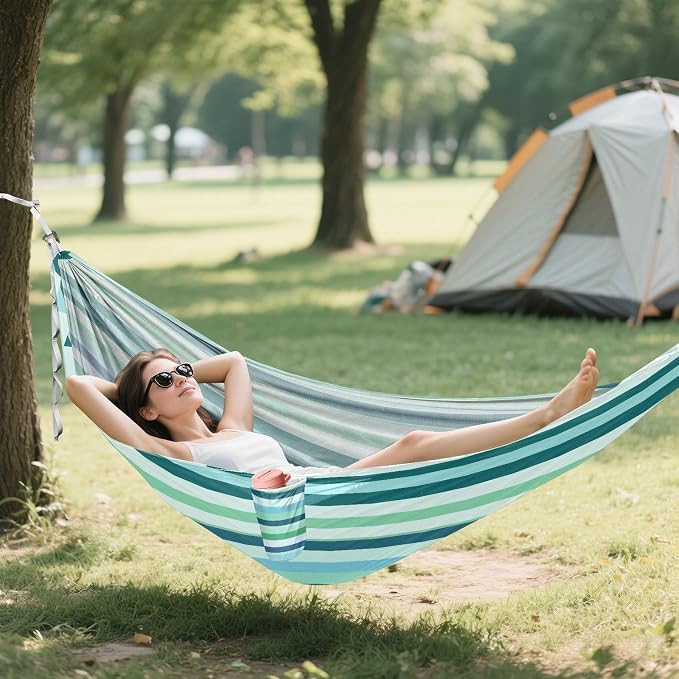 Camping Hammock Outdoor Hammocks for Outside Blue Green Stripe Beach Trees Portable Lightweight with Pockets Tree Straps Indoor