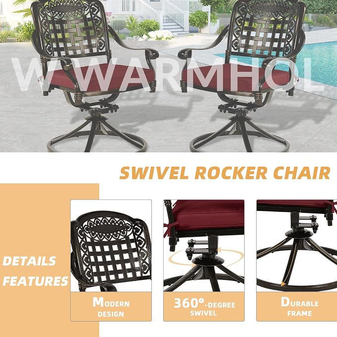 9-Piece Patio Dining Set, Oval Cast Aluminum Dining Table with Umbrella Hole & 8 Swivel Rocker Chairs, Red