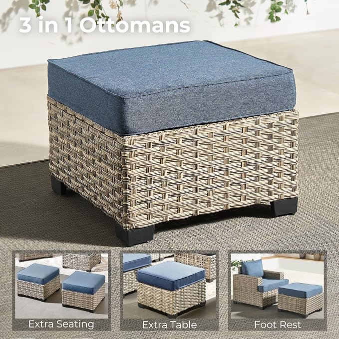 HOOOWOOO Outdoor Sectional Patio Furniture Set with Fire Pit Table,9 Pieces Wicker Conversation Sets,Extra Deep Out Door Sofa Outside Furniture Couch Swivel Chairs Ottoman,Denim Blue