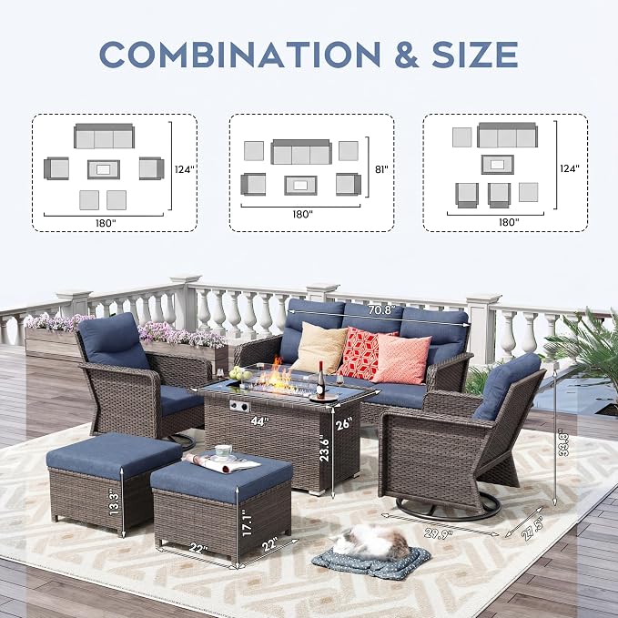 7 Seats Outdoor Patio Furniture Set with 44" Gas Fire Pit Table, Wicker Swivel Rocking Chairs Conversation Sets with Cushion, High Back Sectional Sofa with Gilder Chair for Yard Garden Porch, Blue