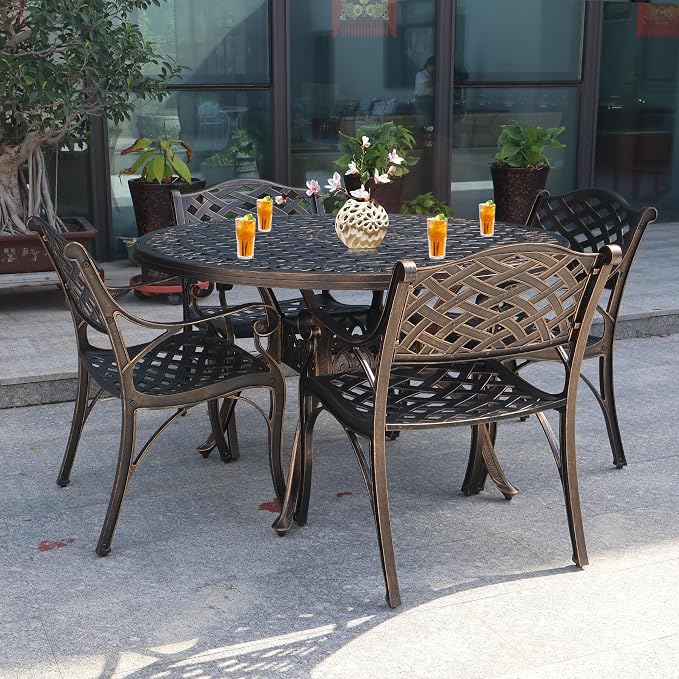 48" Cast Aluminum Outdoor Dining Table,Dining Conversation Side Table, Patio Bistro Table with 2.36" Umbrella Hole for Backyard, Garden, Patio, Porch