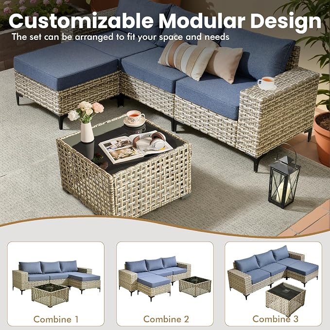 Patio Furniture Set, 5 Pieces Outdoor Wicker Conversation Sets with Coffee Table Outdoor Sectional Sofa for Balcony Backyard Poolside Garden Lawn (Blue)