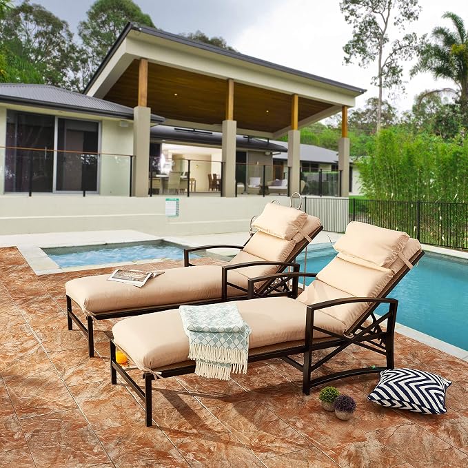 LOKATSE Home Patio Chaise Lounge Chairs Set of 4 Outdoor Teslin Furniture Reclining Adjustable with Cushion and Soft Pillow for Pool,Deck,Yard