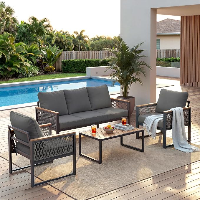 UPHA 4 Pieces Patio Furniture Set, Metal Outdoor Sectional Couch Set with 3-Seat Sofa, 2 Chairs, Coffee Table, Modern Patio Conversation Set for Porch Balcony Deck, 5 Seats, Gray