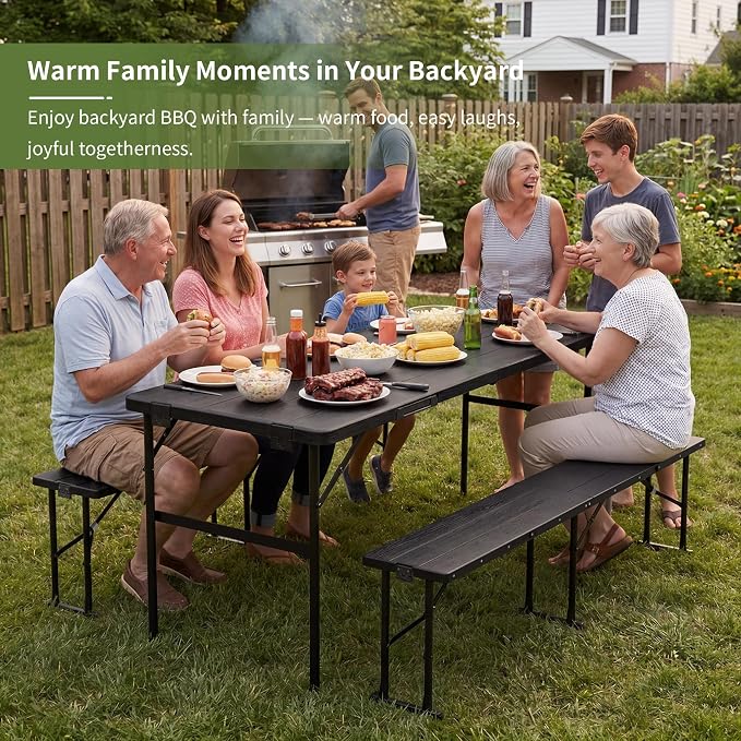 Picnic Table Set with 2 Benches,6 Feet Folding Camping Table Chair Set with Wood Grain Tabletop,3-Piece Outdoor Indoor Portable Folding Furniture for Party, Camping, Picnic, Weddings (Black)