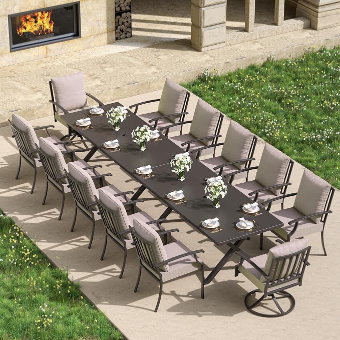 Kullavik 14PCS Outdoor Dining Set,Patio Dining Table and Chairs Set for 12,Fence Pattern Back Chairs with Thickened Cushions & Rectangular Metal Dining Table with Umbrella Hole for Patio,Sand