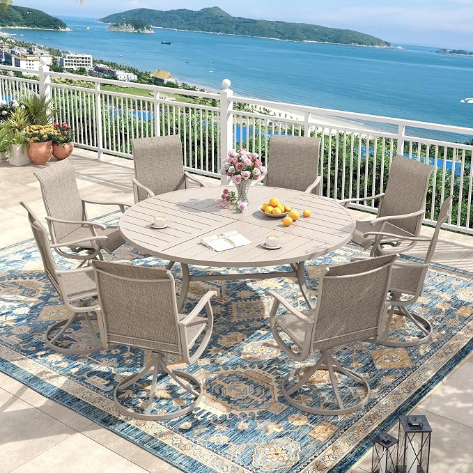 60" Outdoor Dining Table with Adjustable Umbrella Hole, Metal Slatted Round Patio Dining Table for Backyard Garden Deck, Sandshell