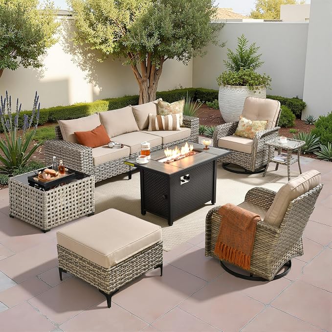 Patio Furniture Set,9 Pieces Outdoor Wicker Conversation Sets with 42 in Fire Pit Table,2 Wicker Rocking Chair & Coffee Table,Outdoor Sectional Sofa for Balcony Backyard Poolside Garden Lawn(Beige)