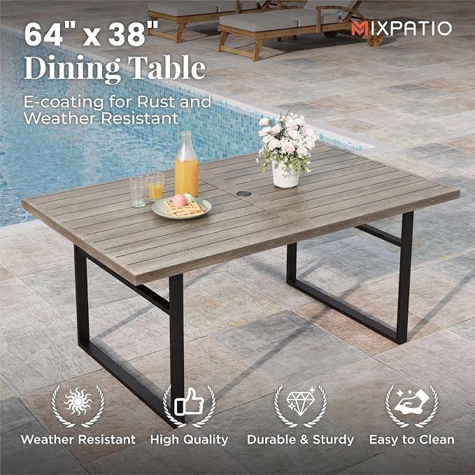 MIXPATIO 7-Piece Outdoor Dining Set 6 Red Textilene Chairs and Steel Tabletop with Wood Grain Rectangle Table for Deck Garden Backyard Lawn Poolside