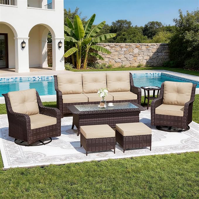7-Piece Patio Furniture Set,Outdoor Conversation Sets w/Glass Table&High Back Wicker Swivel Rocker Chairs,All-Weather Wicker Sectional Sofa for Deck,Yard and Poolside,Sand