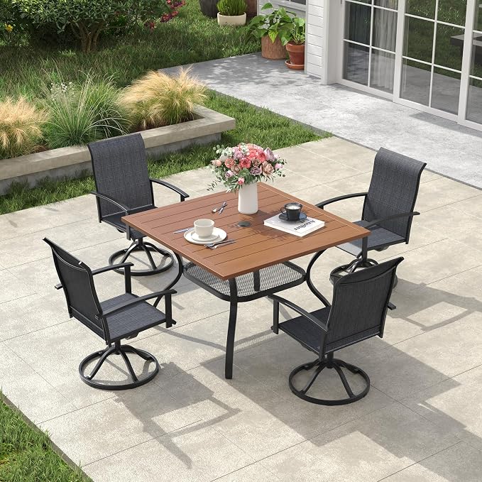 VICLLAX Outdoor Patio Dining Table for 4, Square Patio Table with Umbrella Hole for Patio Lawn Deck Backyard, Walnut Tabletop