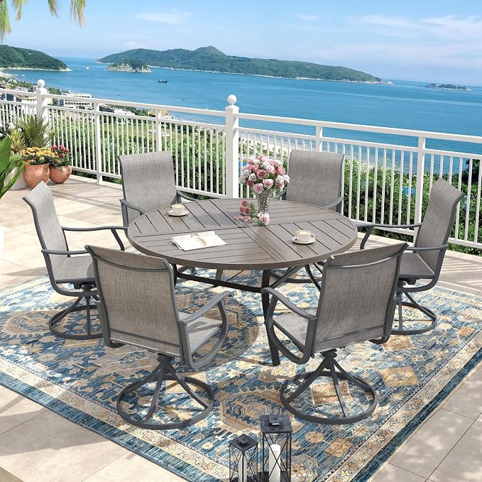 50" Outdoor Dining Table with Adjustable Umbrella Hole, Metal Slatted Round Patio Dining Table for Backyard Garden Deck, Antique Grey