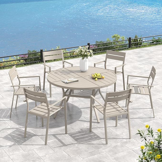 VICLLAX 47.2" Round Outdoor Table, Patio Dining Table for 6 with Umbrella Hole for Garden Lawn Deck Backyard, Sandshell