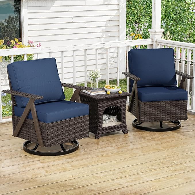 Outdoor Swivel Rocker Chairs, 3 Pieces Wicker Swivel Patio Chair with Rattan Side Table, Patio Furniture Set for Outside Porch Deck