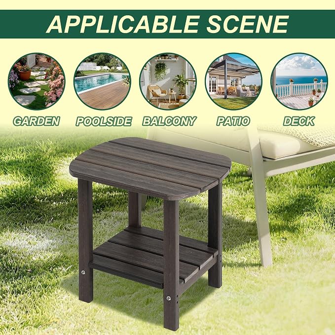 LZRS Patio End Table, Heavy Duty HDPE Outdoor Coffee Table with Wood Texture, Weatherproof Composite Table for Adirondack Chairs, Deck, Pool, Indoor/Outdoor, No Peeling Cracking(Brown Mixture)