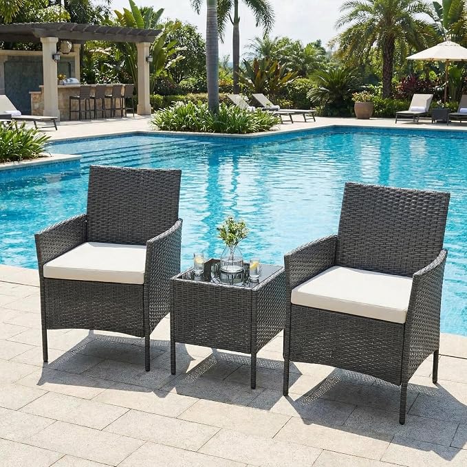GarveeHome 3-Piece Patio Bistro Set, PE Rattan Outdoor Conversation Furniture with 2 Cushioned Chairs & Coffee Table, Weather-Resistant for Backyard, Balcony, Porch (Beige Cushion)