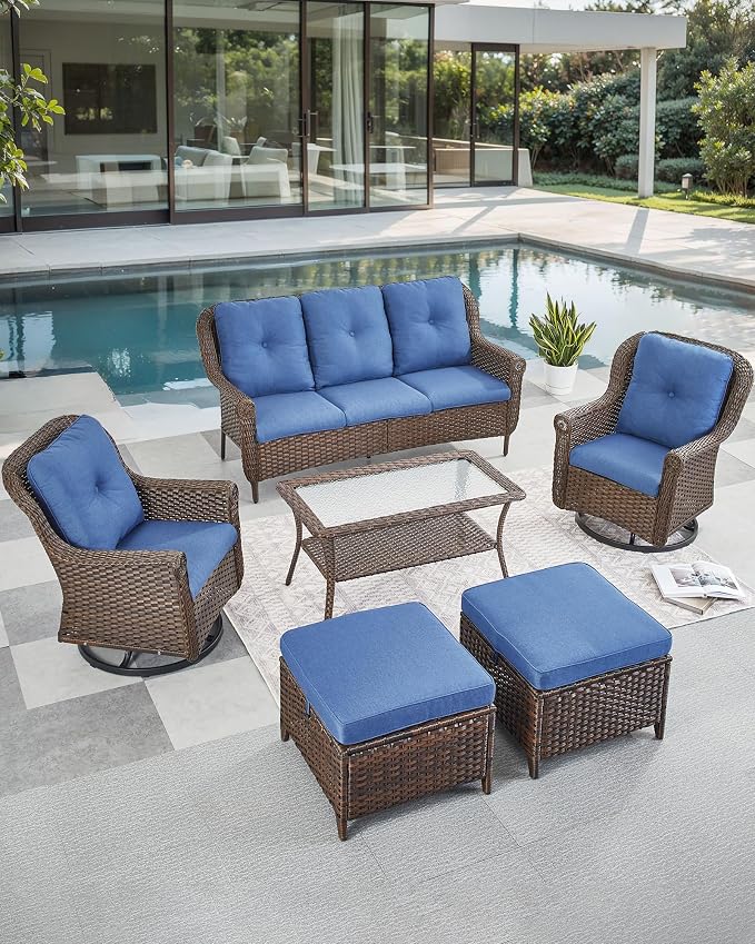 Patio Coffee Table for Outdoor Furniture Set - 2-Tier Storage Wicker Side Tables with Smooth Clear Tempered Glass Tabletop for Outside Wicker Rocking Swivel Chairs in Porch Deck Yard - Brown