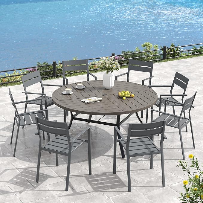 VICLLAX 53" Round Outdoor Table, Patio Dining Table for 8 with Umbrella Hole for Garden Lawn Deck Backyard, Antique Grey