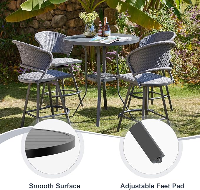 VICLLAX Patio Bar Height Table, Outdoor Round Bar Table with Umbrella Hole for Balcony, Porch, Deck, 37" Dark Grey