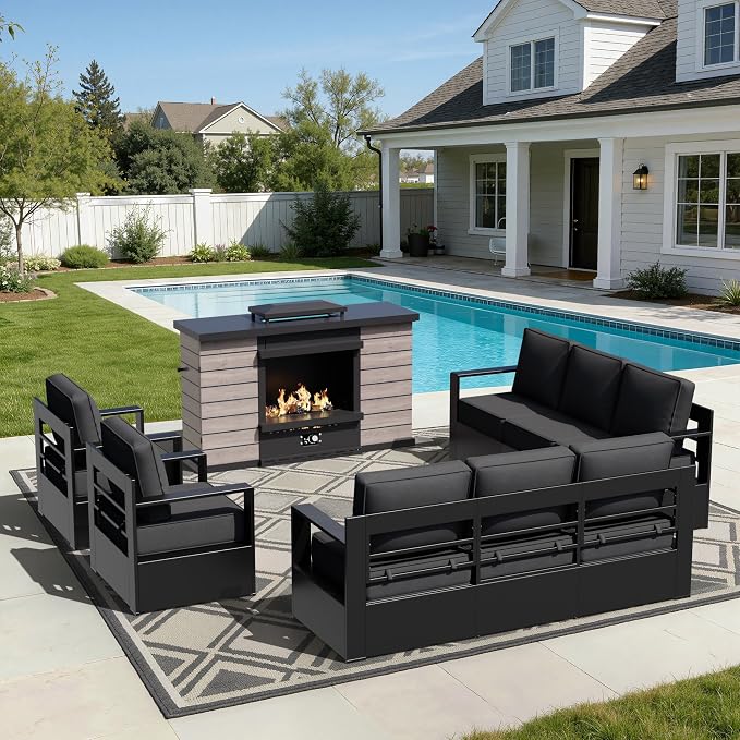 Outdoor Aluminum Furniture Set, 5-Piece Patio Conversation Set, 2 Swivel Chairs, 2 Sofa and 1 Fireplace, All-Weather Metal Frame, 6" Thick Removable Cushions, Deep Setting for Garden and Porch