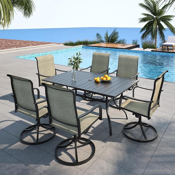 Patio Dining Set for 6, 63" Rectangle Table and Tan Grey Swivel Chairs Sty2 | 6 Piece Swivel Chairs: High Back, Curved Armrest, Textilene Fabric, Rocking; 63"x38"x28" Metal Rectangle Table, All Weather