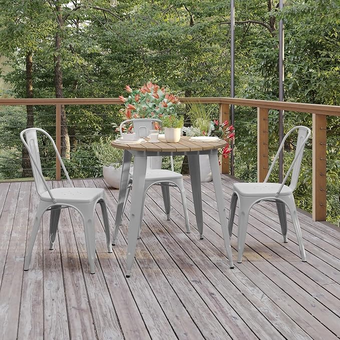 Flash Furniture Declan Commercial Outdoor Dining Table, All Weather Poly Resin Top with Steel Base, 30" Round, Brown/Silver