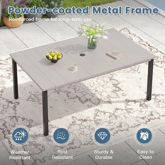 DIFY 63" Rectangle Outdoor Dining Table for 6, Slatted Metal Patio Table with Adjustable Umbrella Hole, All-Weather Patio Dining Table for Garden Backyard Deck, Grey Wood-Like Tabletop
