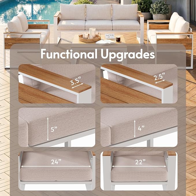 ENSTVER Aluminum Patio Furniture Sets, 7-Seat Outdoor Sofa with Premium Olefin Fabric Cushions & Zero-Maintenance Frame, Patio Sectional Conversation Set for Poolside, Garden