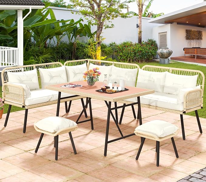 YITAHOME 9PCS Wicker Patio Furniture Set with Ottomans & Plastic Wood Dining Table, Modular Outdoor Sectional Sofa, All-Weather Rattan Sofa with Soft Cushions for Deck Backyard (Light Brown+Beige)
