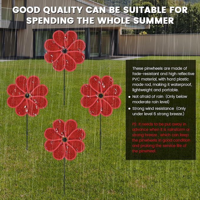 4PCS 11.4" W x 28" H Reflective Pinwheels Sparkly Lawn Wind Spinners Colorful Rainbow Windmill for Garden Decoration Bird Devices Deterrent to Scare Birds Away (Red)