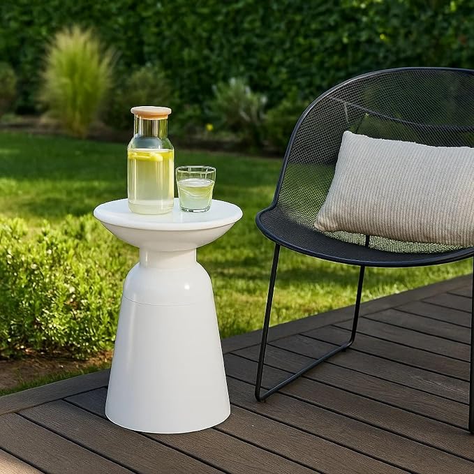 Benzara Suma Outdoor End Table, Round 15 Inch Top, Pedestal Base, White Iron