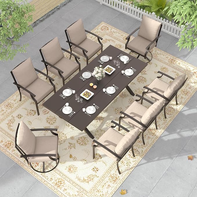 9 PCS Outdoor Patio Dining Set,Patio Table and Chairs Metal Outdoor Patio Furniture Set with Umbrella Hole,Dining Table Set with Swivel Chairs for Deck,Backyard and Garden,Brown