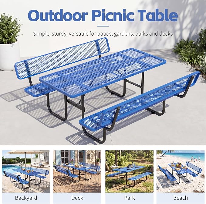 72" Rectangular Metal Picnic Table with Backrest, Commercial Steel Picnic Tables with 1.73" Umbrella Hole, Heavy Duty Picnic Tables for Outdoor Garden Courtyard BBQ, Blue