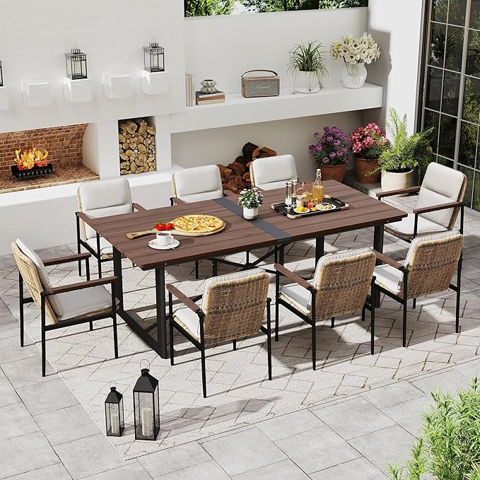 HAPPATIO 9 Piece Patio Dining Set Outdoor, 8 Wicker Chairs with Aluminum Frame and Olefin Cushions, Large Wooden Dining Table with Umbrella Hole,Patio Table and Chairs for Backyard Garden Porch