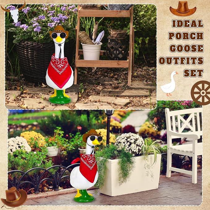 Western Cowboy Porch Goose Outfits, Funny Porch Geese Outfits Goose Costume Clothes for 17''/23" Lawn Cement Plastic Geese Outdoor Statue with Cowboy Hat Bandana for Garden Yard Decoration
