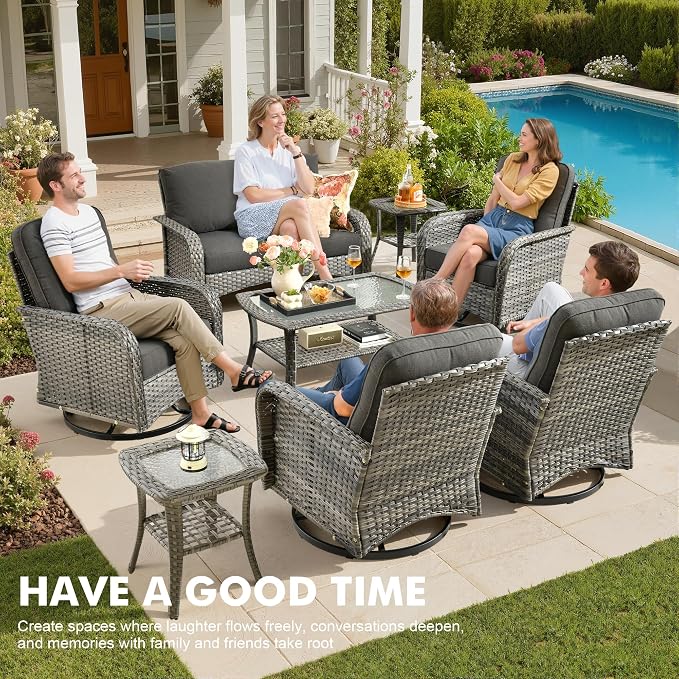 8 Piece Wicker Patio Furniture Set with Swivel Chairs, Black | 4 Swivel Rocker Chairs, High Back Loveseat Sofa, Coffee Table, Rattan Outdoor Conversation Set, Porch Deck Backyard Poolside