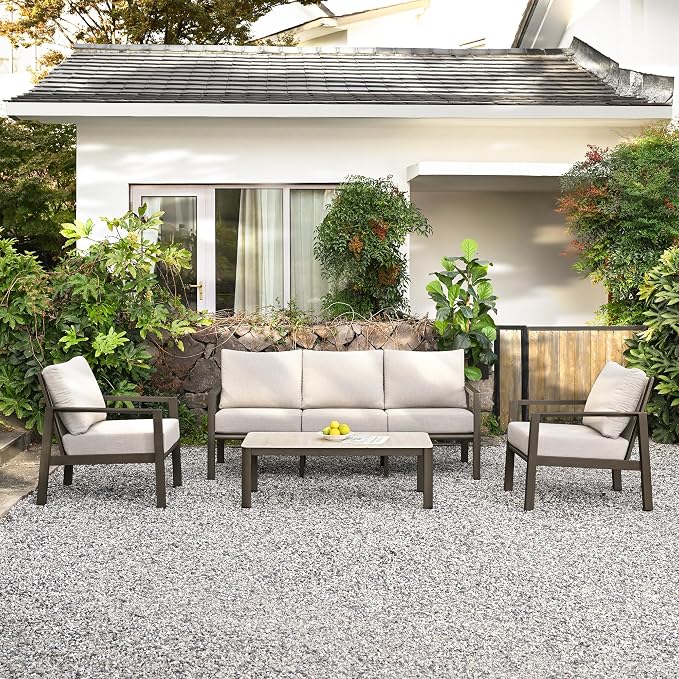 HAPPATIO Patio Conversation Set, 4-Piece Aluminum Oversized Patio Furniture Set with Rope Woven Backrest, 2 Chairs and 3-Seat Sofa with Thick Cushion, Hand-Brushed Frame for Yard, Porch, Balcony