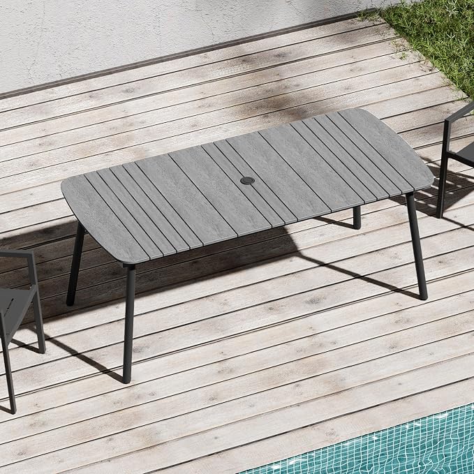 Grey Outdoor Dining Table for 6, 70" Rectangle Patio Table | 1.6" Umbrella Hole with Aluminum Frame and Waterproof Wood Grain Tabletop for Lawn Backyard Garden Poolside