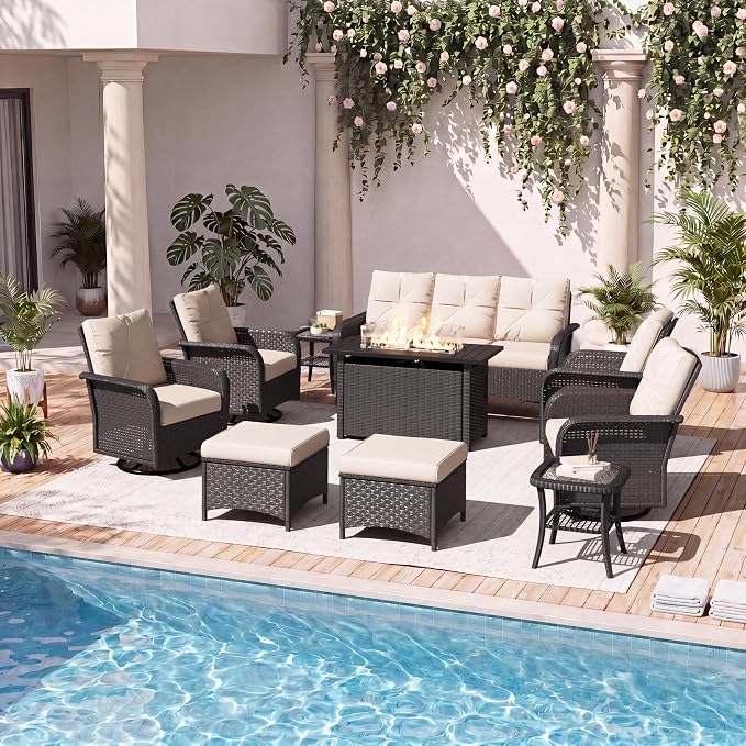 LazySunsets 12 Piece Outdoor Patio Furniture Set with 44'' Fire Pit Table, Wicker Rattan Outdoor Furniture with High Back Swivel Rocker Chairs, Outdoor Sofa Set with Thick Cushions & Ottoman, Beige
