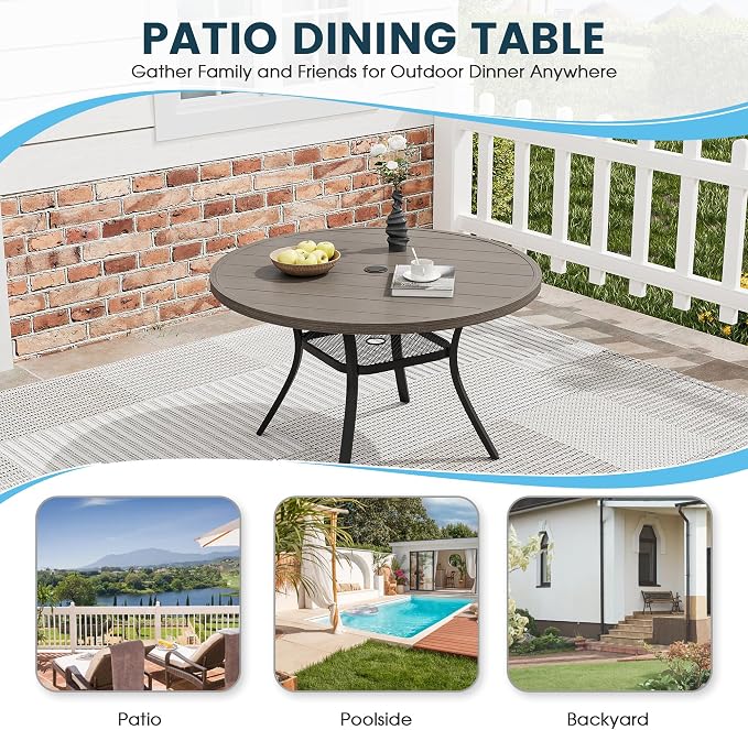 Patio Dining Table for 4, Round Metal Outdoor Table with Storage Shelf, 1.57" Umbrella Hole, 41" Outdoor Slat Tabletop Dining Table for Backyard, Porch, Lawn, Grey