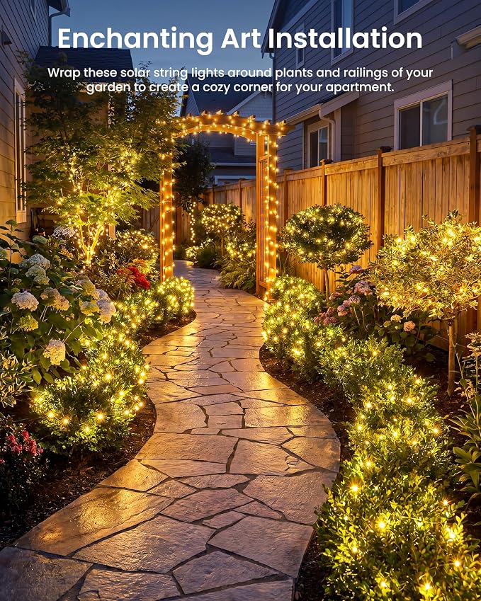 Minetom Solar Fairy Lights, 2 Pack Total 66 FT 200 LED Solar String Lights | IP65 Waterproof Twinkles Lights with 8 Modes, Christmas Lights Outdoor for Patio Party Garden Yard Tree Decor (Warm White)