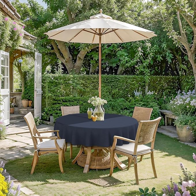DYTXIII Outdoor Round Tablecloth with Umbrella Hole 60 Inch, Water Repellent & Fade Resistant Table Cover, All Weather Outdoor Tablecloth for Garden & Party Table, Textured Navy
