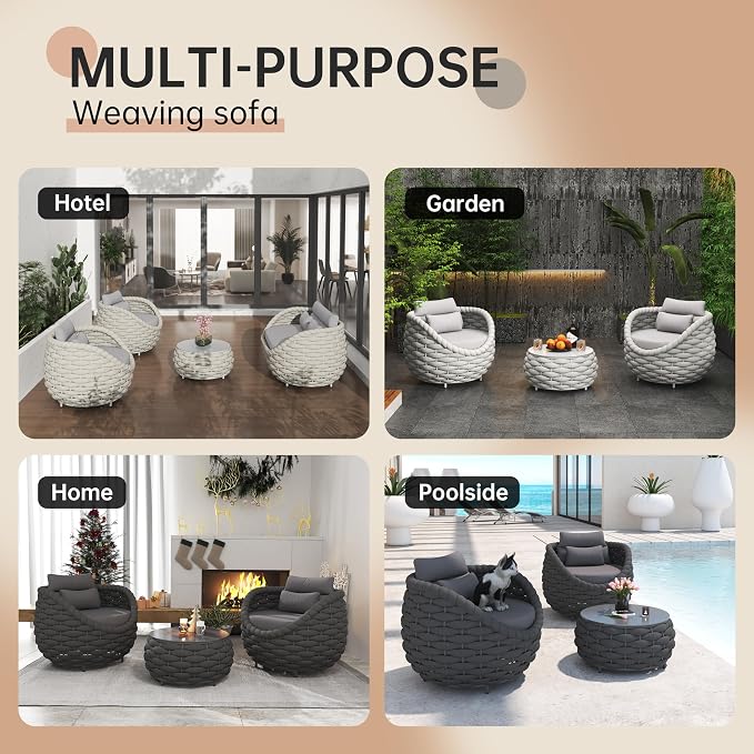 Conversation Set Aluminum Outdoor & Indoor Sofa Modern Patio Furniture Set with Soft Cushion and Coffee Table for Balcony Garden (Black)