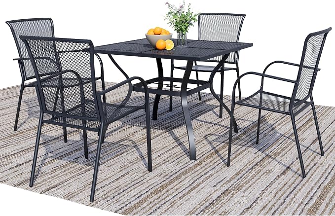 5 Piece Outdoor Dining Set, Patio Table and Chairs Set of 4, 37.5" Black Square Patio Table with 4 Metal Stackable Patio Chairs for Lawn, Garden, Porch