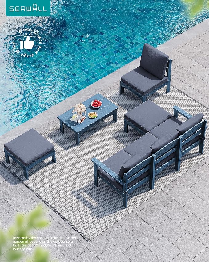 SERWALL 7 Pieces Patio Conversation Set, Heavy Duty HDPE Outdoor Sectional Sofas with Cushions and Coffee, All-Weather Outdoor Couch Set for Backyard, Deck and Porch, Blue Frame with Grey Cushion