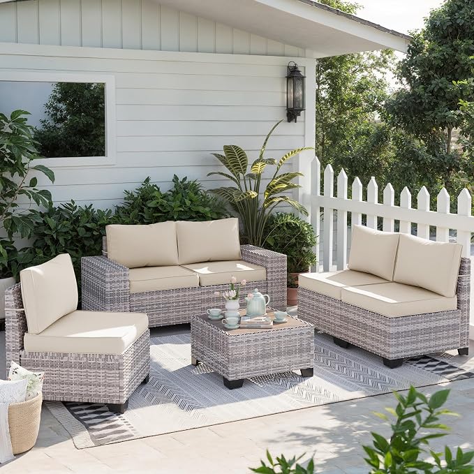 6-Piece Outdoor Patio Furniture Set Wicker Sectional Sofa Set, Patio Conversation Set with Thickened Cushions & Chunky Arms Coffee Table for Garden, Backyard, Poolside, White