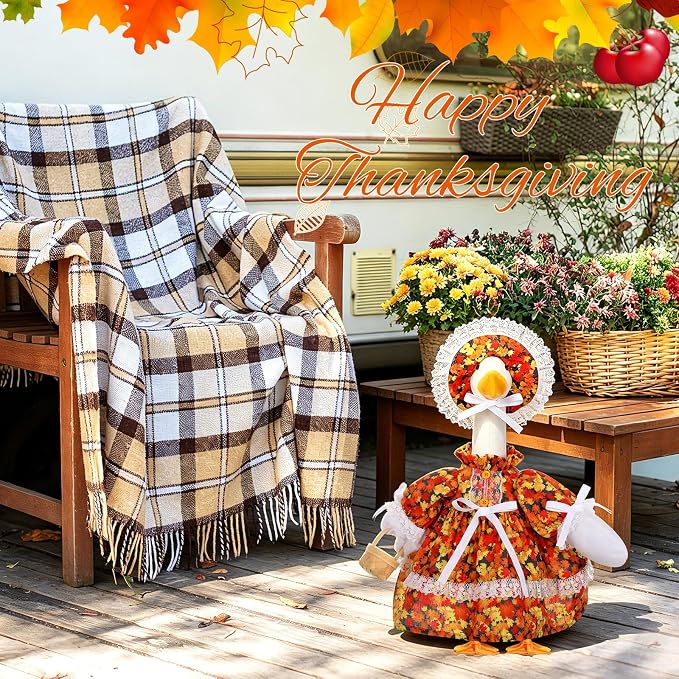FuWeave Fall Porch Goose Outfit Maple Goose Costume Fancy Porch Geese Clothes with Wide Hat for 23" 17" Outdoor Patio