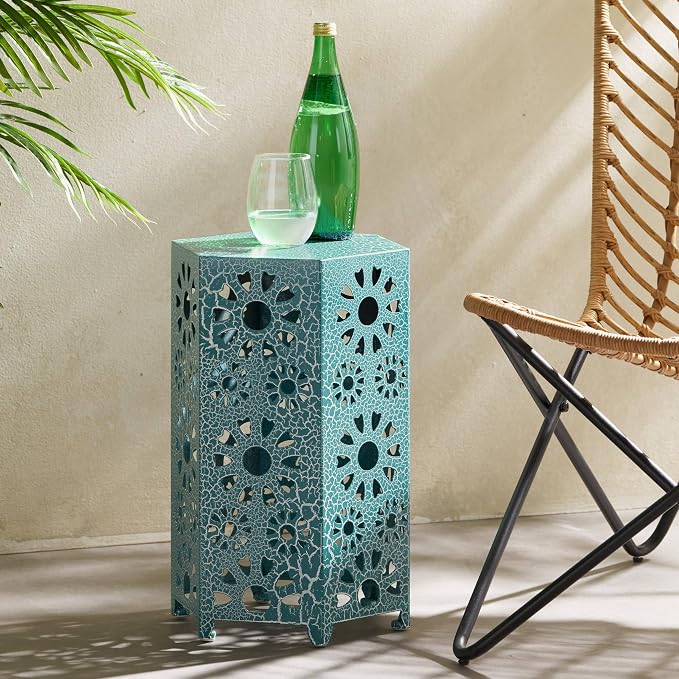 12" Outdoor Side Table, Metal Side Table, Multi Functional Decorative Cutout, Coffee Table, Night Stand, Plant Stand for Patio, Garden, Backyard, Gazebo Indoor (Teal)