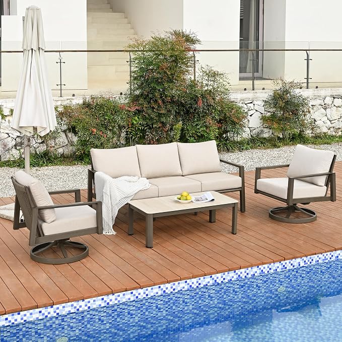 HAPPATIO Patio Conversation Set, 4-Piece Aluminum Oversized Patio Furniture Set with Rope Backrest,2 Swivel Chairs and 3-Seat Sofa with Thick Cushion, Hand-Brushed Frame for Yard, Porch, Balcony