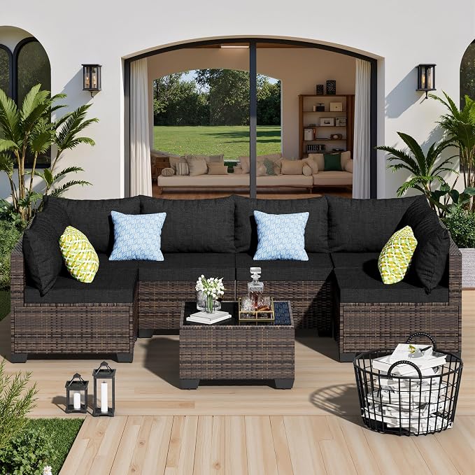 7 Pieces Patio Furniture Set - Outdoor Sectional Wicker Rattan Furniture, with Cushion and Glass Table, Patio Conversation Sets, for Porch, Poolside, Backyard, Outdoor Sofa Set
